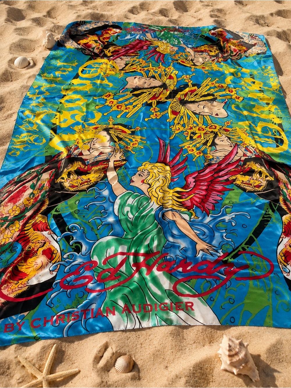 Ed Hardy Multicolor Angel Graphic Scarf - Blue, Green, Yellow, Red